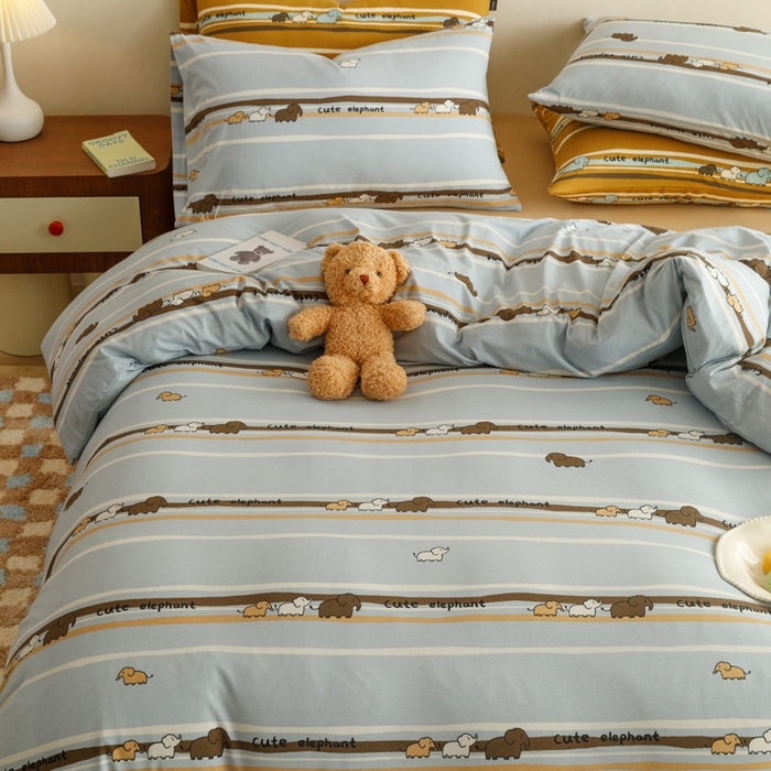 91家纺网 家纺一手货源 找家纺 博尔菲 2025新款全棉针织棉四件套 蓝条小象