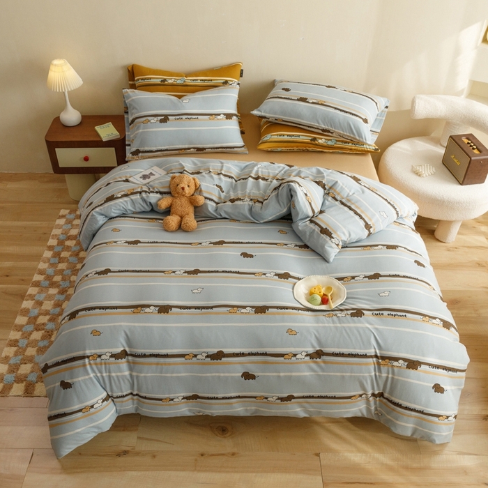 博尔菲 2025新款全棉针织棉四件套 蓝条小象