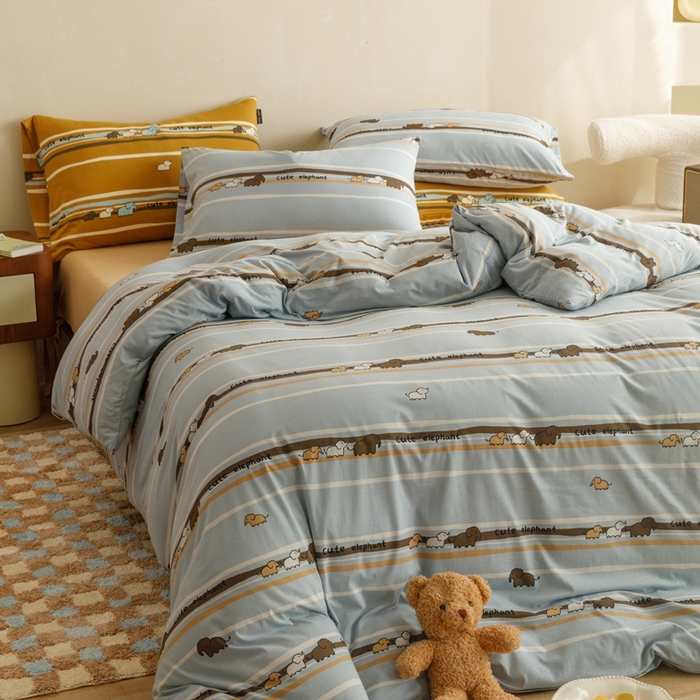 91家纺网 家纺一手货源 找家纺 博尔菲 2025新款全棉针织棉四件套 蓝条小象