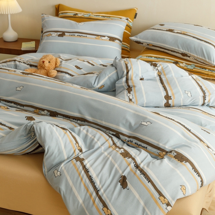 91家纺网 家纺一手货源 找家纺 博尔菲 2025新款全棉针织棉四件套 蓝条小象