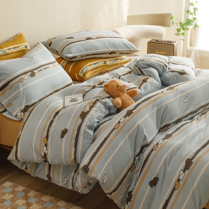 91家纺网 家纺一手货源 找家纺 博尔菲 2025新款全棉针织棉四件套 蓝条小象