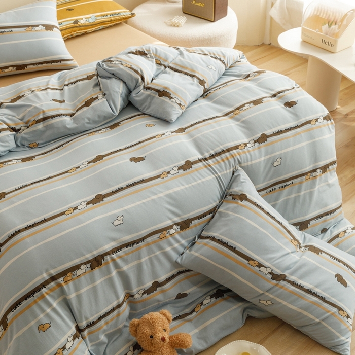 91家纺网 家纺一手货源 找家纺 博尔菲 2025新款全棉针织棉四件套 蓝条小象