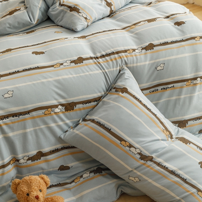 91家纺网 家纺一手货源 找家纺 博尔菲 2025新款全棉针织棉四件套 蓝条小象