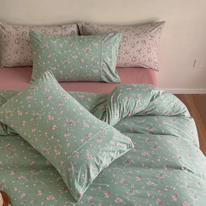 91家纺网 家纺一手货源 找家纺 博尔菲 2025新款全棉针织棉四件套 绿底春藤杜鹃