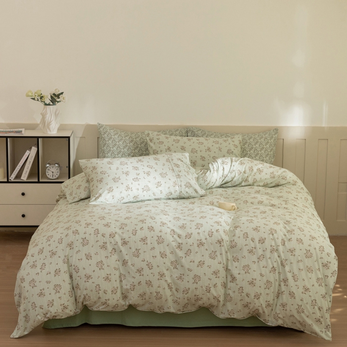 博尔菲 2025新款全棉针织棉四件套 绿底国风芍药