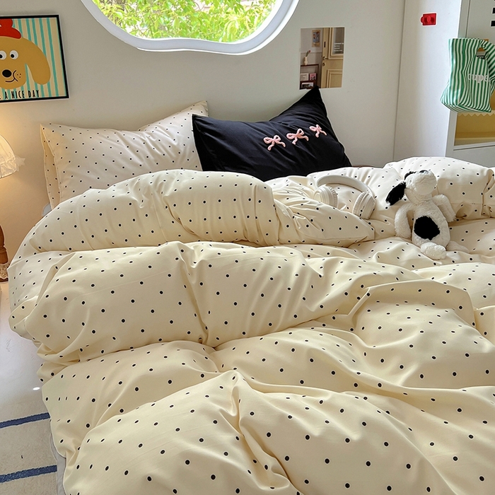 91家纺网 家纺一手货源 找家纺 博尔菲 2025新款全棉针织棉四件套 米底圆点