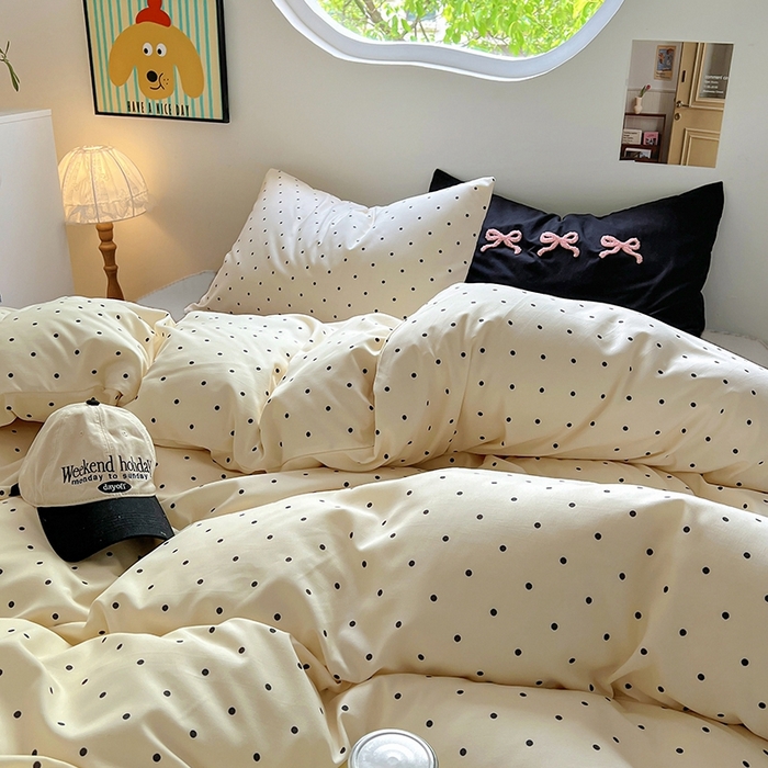 91家纺网 家纺一手货源 找家纺 博尔菲 2025新款全棉针织棉四件套 米底圆点