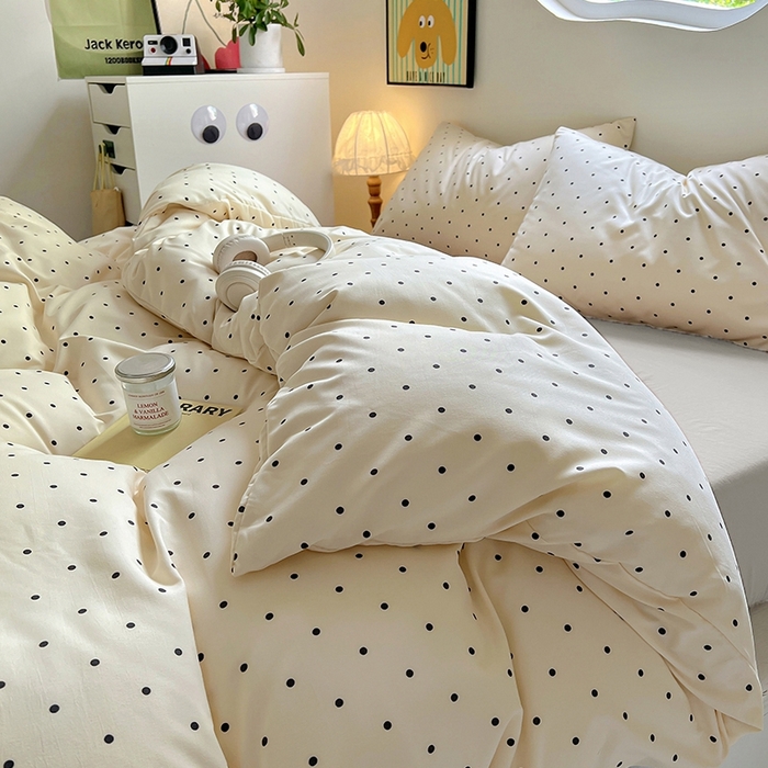 91家纺网 家纺一手货源 找家纺 博尔菲 2025新款全棉针织棉四件套 米底圆点