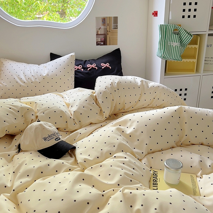 91家纺网 家纺一手货源 找家纺 博尔菲 2025新款全棉针织棉四件套 米底圆点