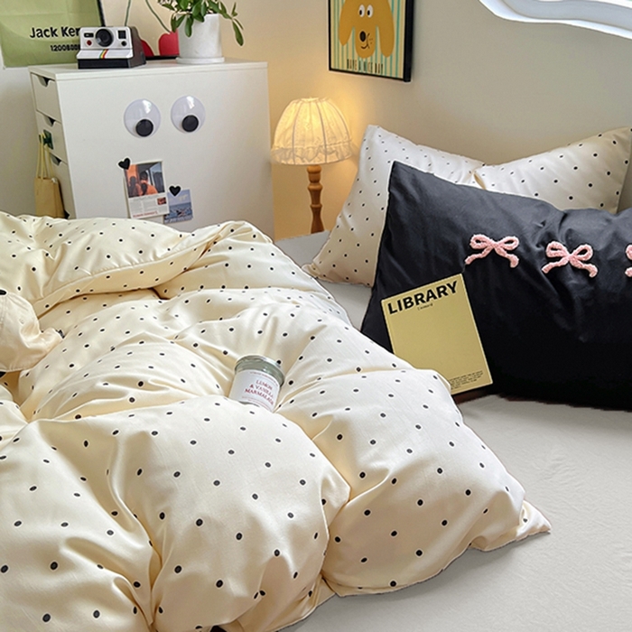 91家纺网 家纺一手货源 找家纺 博尔菲 2025新款全棉针织棉四件套 米底圆点