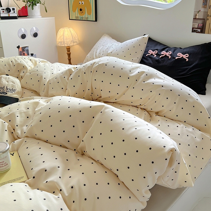 91家纺网 家纺一手货源 找家纺 博尔菲 2025新款全棉针织棉四件套 米底圆点