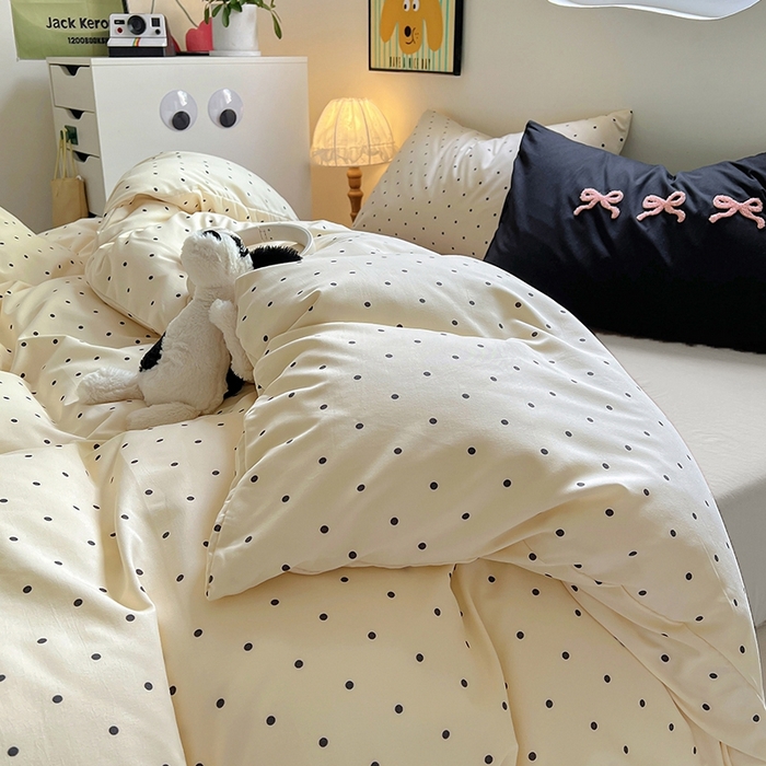 91家纺网 家纺一手货源 找家纺 博尔菲 2025新款全棉针织棉四件套 米底圆点