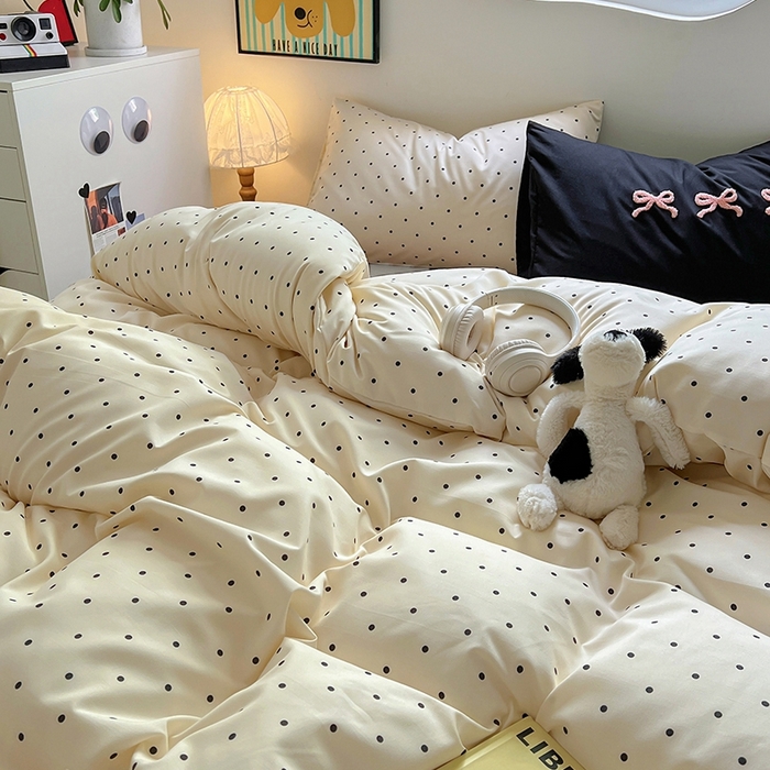 91家纺网 家纺一手货源 找家纺 博尔菲 2025新款全棉针织棉四件套 米底圆点