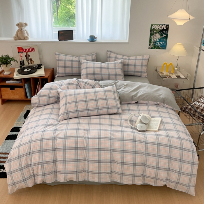 ab家纺 2025新款40支色织a类全棉水洗棉四件套 春野粉蓝