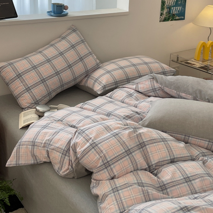 91家纺网 家纺一手货源 找家纺 ab家纺 2025新款40支色织a类全棉水洗棉四件套 春野粉蓝