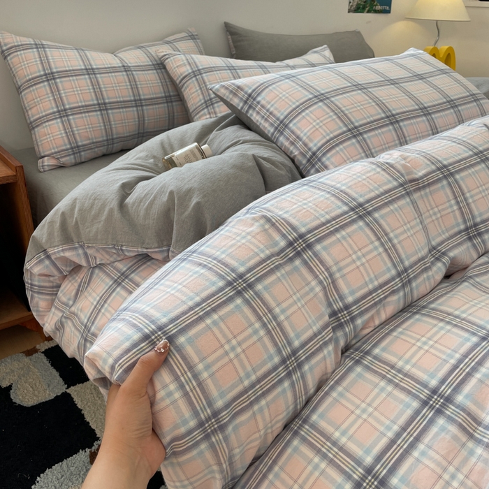 91家纺网 家纺一手货源 找家纺 ab家纺 2025新款40支色织a类全棉水洗棉四件套 春野粉蓝