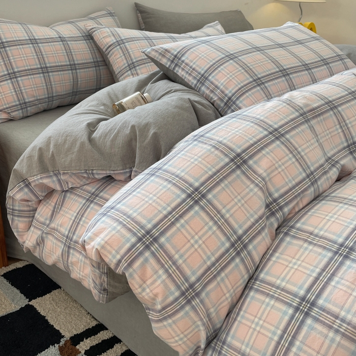 91家纺网 家纺一手货源 找家纺 ab家纺 2025新款40支色织a类全棉水洗棉四件套 春野粉蓝