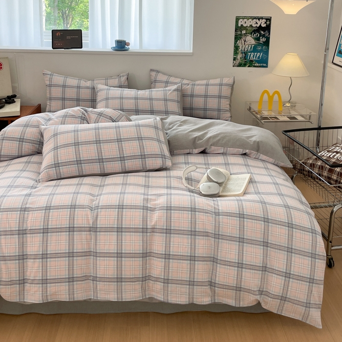 91家纺网 家纺一手货源 找家纺 ab家纺 2025新款40支色织a类全棉水洗棉四件套 春野粉蓝