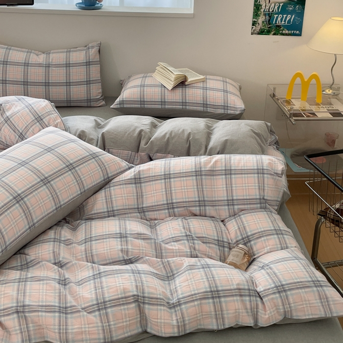 91家纺网 家纺一手货源 找家纺 ab家纺 2025新款40支色织a类全棉水洗棉四件套 春野粉蓝