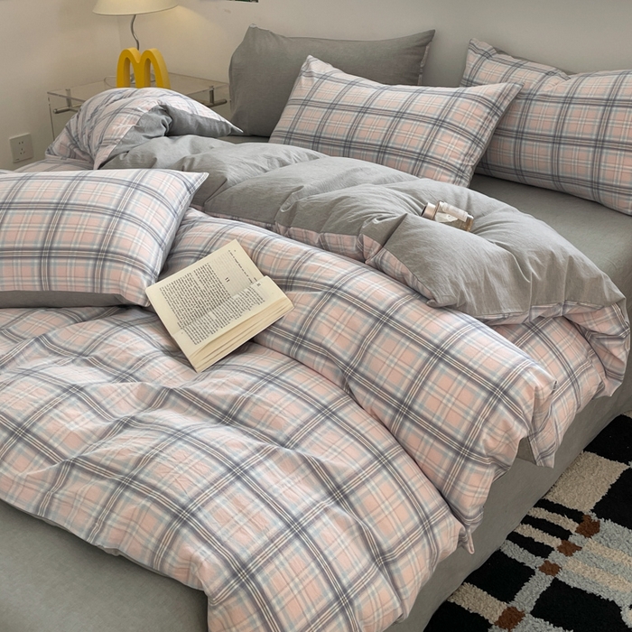 91家纺网 家纺一手货源 找家纺 ab家纺 2025新款40支色织a类全棉水洗棉四件套 春野粉蓝