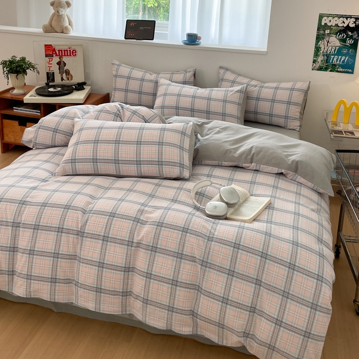 91家纺网 家纺一手货源 找家纺 ab家纺 2025新款40支色织a类全棉水洗棉四件套 春野粉蓝