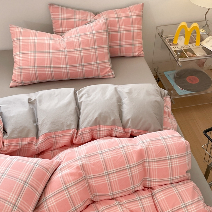 91家纺网 家纺一手货源 找家纺 ab家纺 2025新款40支色织a类全棉水洗棉四件套 富士格-粉