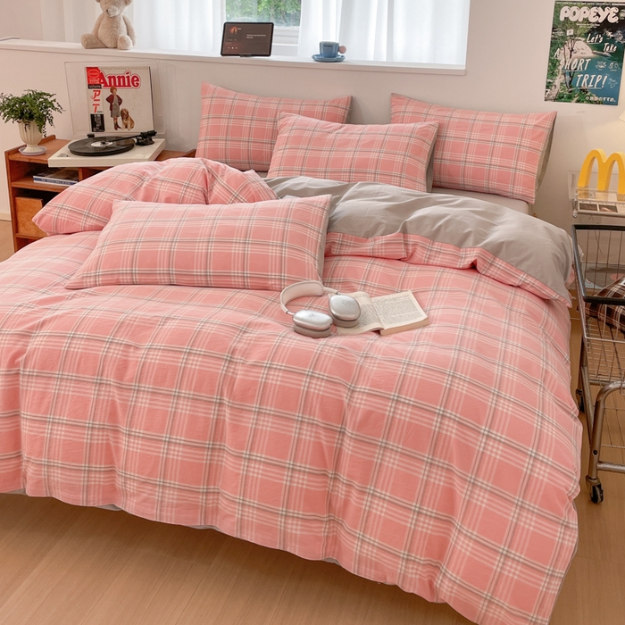 91家纺网 家纺一手货源 找家纺 ab家纺 2025新款40支色织a类全棉水洗棉四件套 富士格-粉