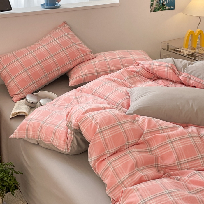 91家纺网 家纺一手货源 找家纺 ab家纺 2025新款40支色织a类全棉水洗棉四件套 富士格-粉