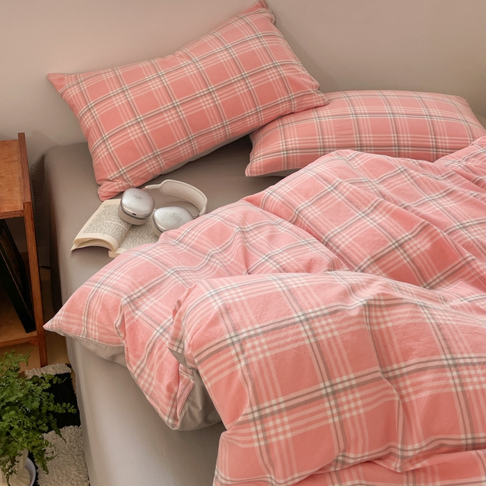 91家纺网 家纺一手货源 找家纺 ab家纺 2025新款40支色织a类全棉水洗棉四件套 富士格-粉