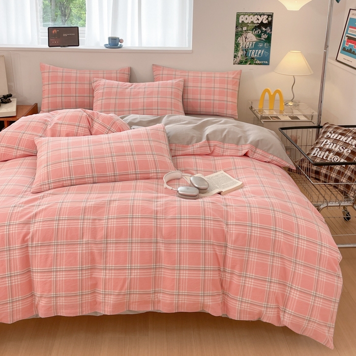 91家纺网 家纺一手货源 找家纺 ab家纺 2025新款40支色织a类全棉水洗棉四件套 富士格-粉