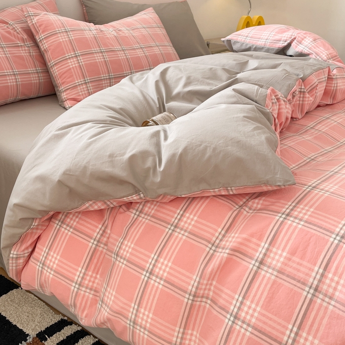 91家纺网 家纺一手货源 找家纺 ab家纺 2025新款40支色织a类全棉水洗棉四件套 富士格-粉