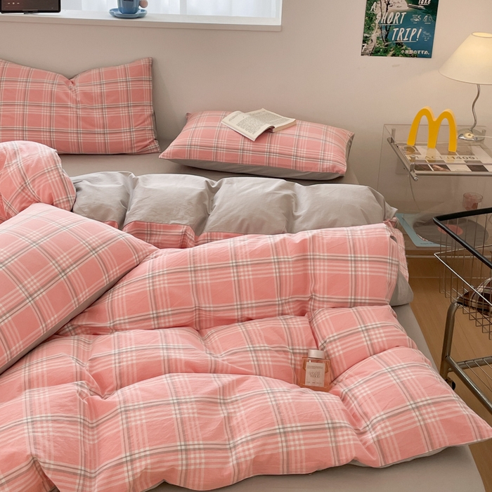 91家纺网 家纺一手货源 找家纺 ab家纺 2025新款40支色织a类全棉水洗棉四件套 富士格-粉