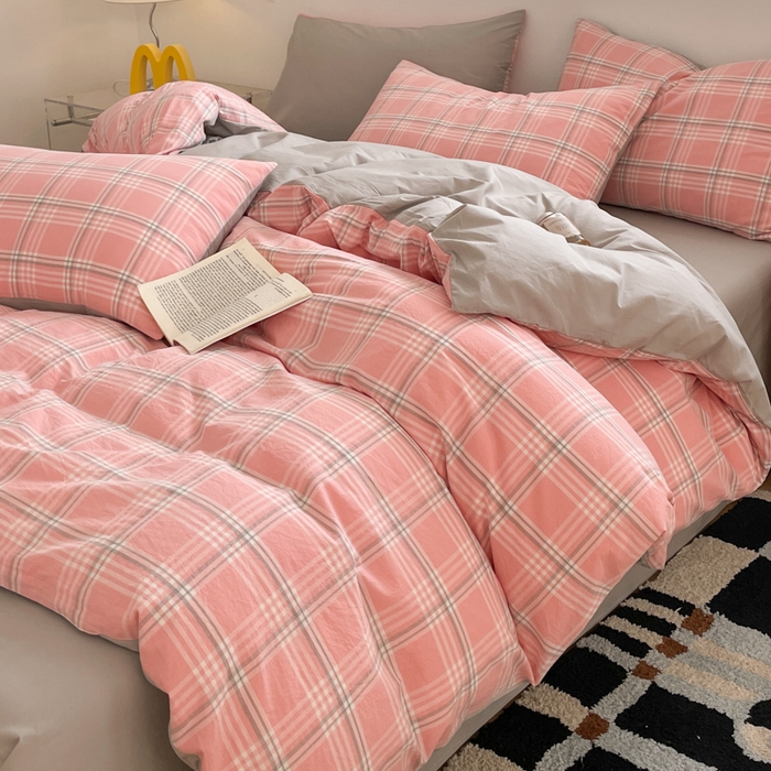 91家纺网 家纺一手货源 找家纺 ab家纺 2025新款40支色织a类全棉水洗棉四件套 富士格-粉