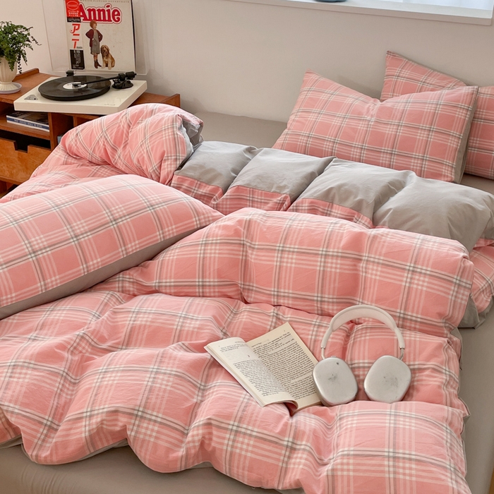 91家纺网 家纺一手货源 找家纺 ab家纺 2025新款40支色织a类全棉水洗棉四件套 富士格-粉