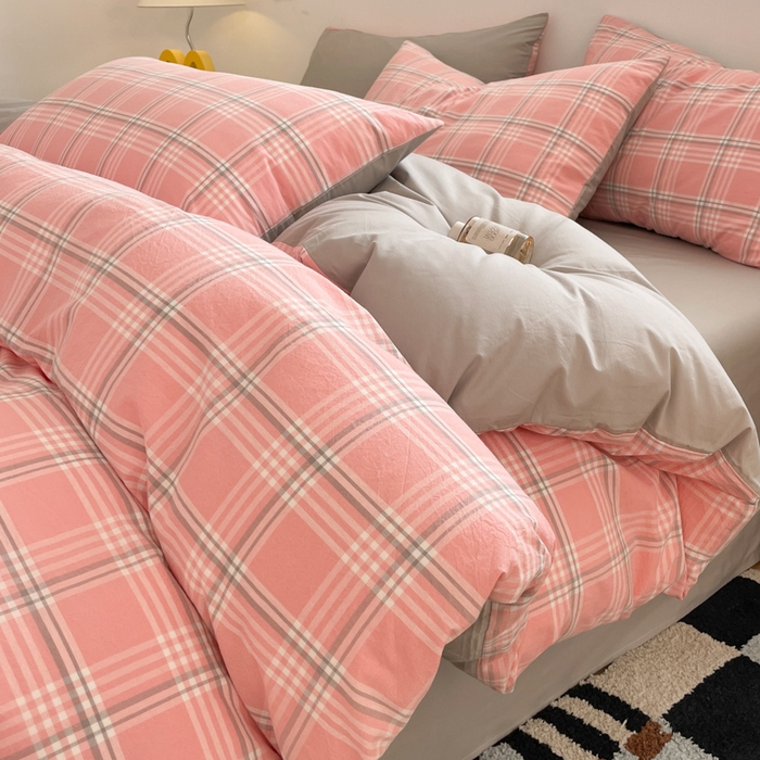 91家纺网 家纺一手货源 找家纺 ab家纺 2025新款40支色织a类全棉水洗棉四件套 富士格-粉