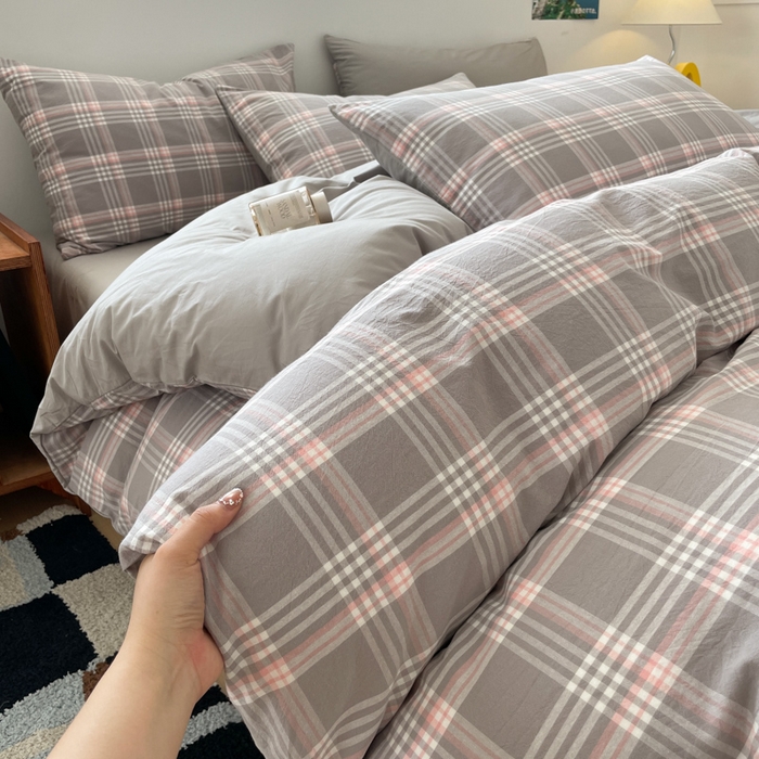 91家纺网 家纺一手货源 找家纺 ab家纺 2025新款40支色织a类全棉水洗棉四件套 富士格-灰