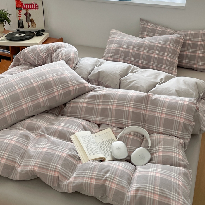 91家纺网 家纺一手货源 找家纺 ab家纺 2025新款40支色织a类全棉水洗棉四件套 富士格-灰