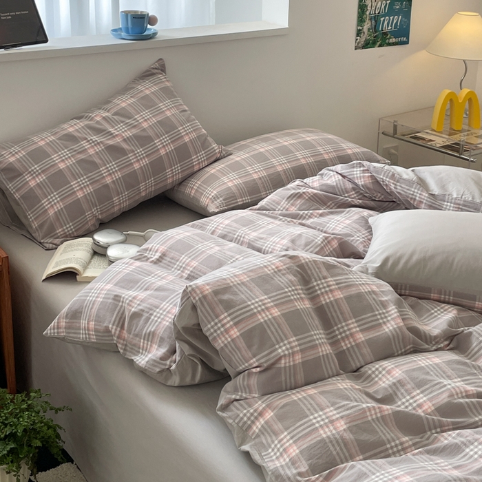 91家纺网 家纺一手货源 找家纺 ab家纺 2025新款40支色织a类全棉水洗棉四件套 富士格-灰