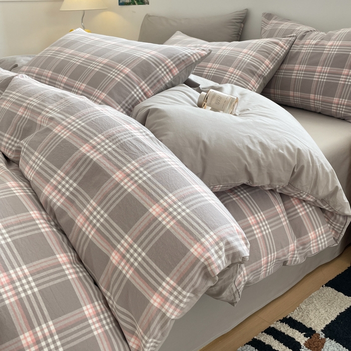 91家纺网 家纺一手货源 找家纺 ab家纺 2025新款40支色织a类全棉水洗棉四件套 富士格-灰