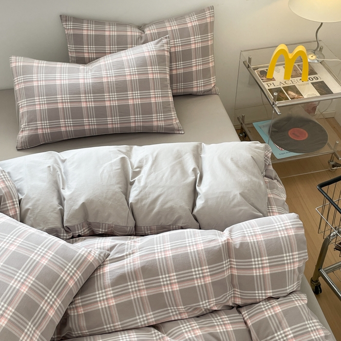 91家纺网 家纺一手货源 找家纺 ab家纺 2025新款40支色织a类全棉水洗棉四件套 富士格-灰