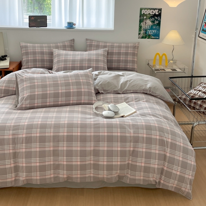 91家纺网 家纺一手货源 找家纺 ab家纺 2025新款40支色织a类全棉水洗棉四件套 富士格-灰