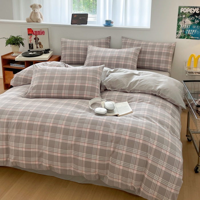 91家纺网 家纺一手货源 找家纺 ab家纺 2025新款40支色织a类全棉水洗棉四件套 富士格-灰