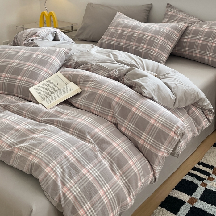 91家纺网 家纺一手货源 找家纺 ab家纺 2025新款40支色织a类全棉水洗棉四件套 富士格-灰