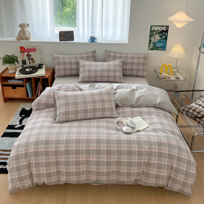 ab家纺 2025新款40支色织a类全棉水洗棉四件套 富士格-灰