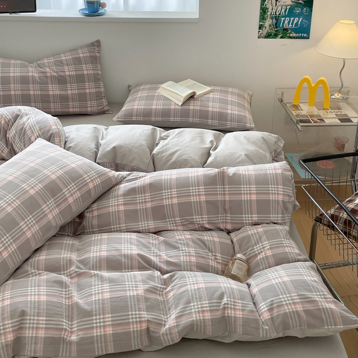 91家纺网 家纺一手货源 找家纺 ab家纺 2025新款40支色织a类全棉水洗棉四件套 富士格-灰