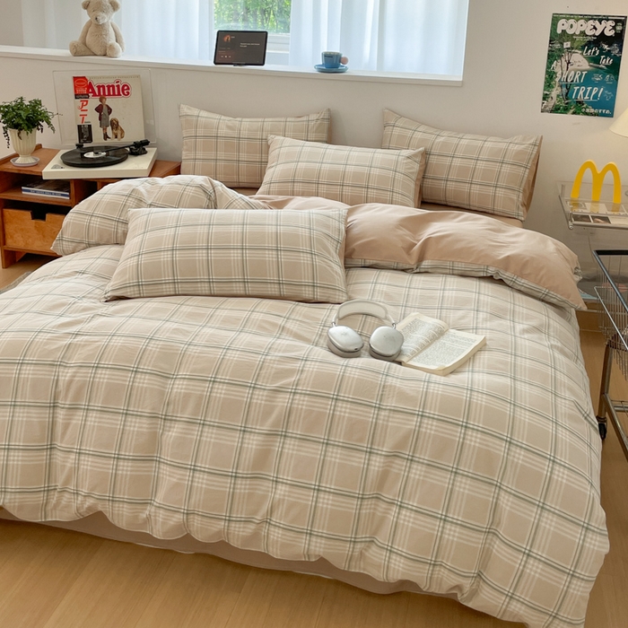 91家纺网 家纺一手货源 找家纺 ab家纺 2025新款40支色织a类全棉水洗棉四件套 富士格-咖