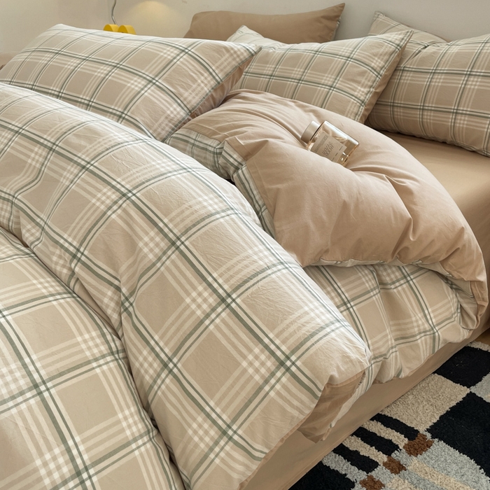 91家纺网 家纺一手货源 找家纺 ab家纺 2025新款40支色织a类全棉水洗棉四件套 富士格-咖