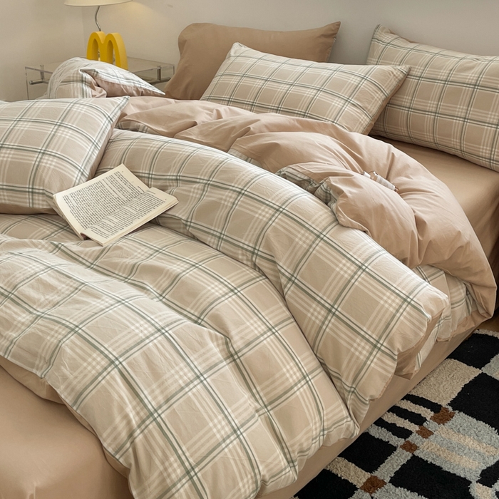 91家纺网 家纺一手货源 找家纺 ab家纺 2025新款40支色织a类全棉水洗棉四件套 富士格-咖