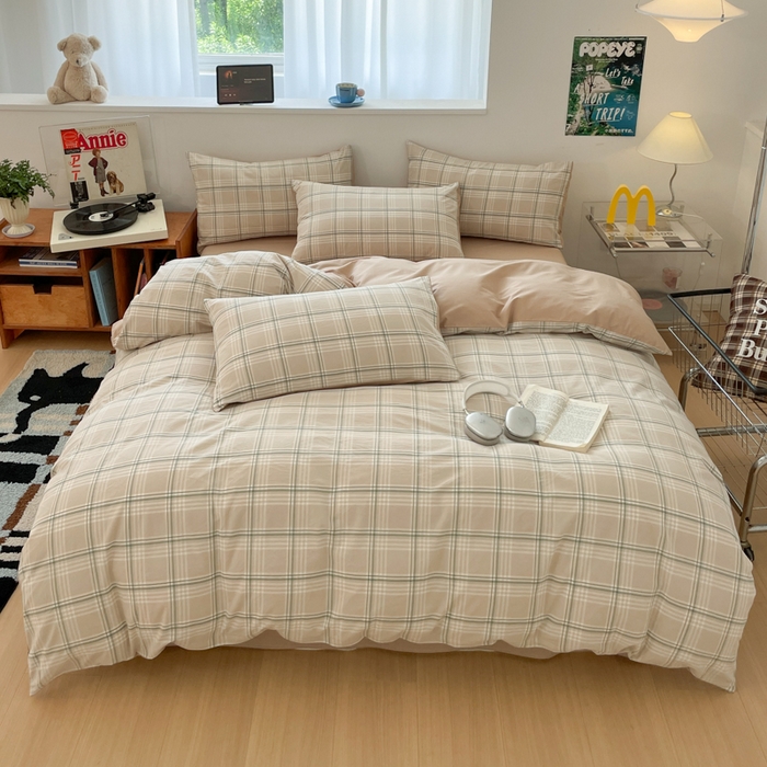 ab家纺 2025新款40支色织a类全棉水洗棉四件套 富士格-咖