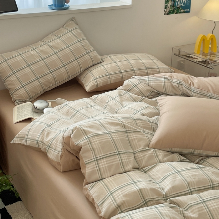 91家纺网 家纺一手货源 找家纺 ab家纺 2025新款40支色织a类全棉水洗棉四件套 富士格-咖